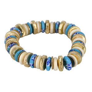 Akola Blue Ivory Glass Beaded Gold Coin Stretch Bracelet